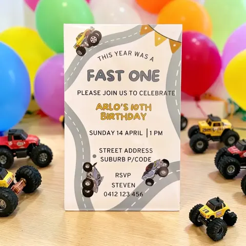 Magnet Monster Truck Birthday Invitation - 7.5cm x 12cm